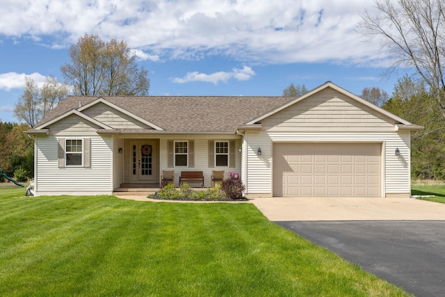 ranch-style home with driveway, covered porch, an attached garage, roof with shingles, and a front lawn