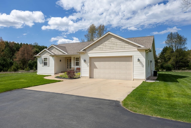 ranch-style house featuring an attached garage, concrete driveway, roof with shingles, and a front lawn