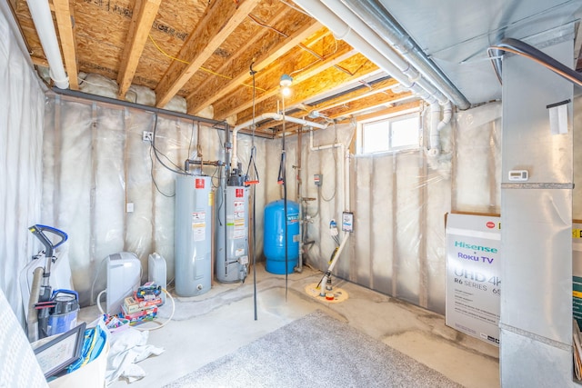 basement with water heater and electric water heater