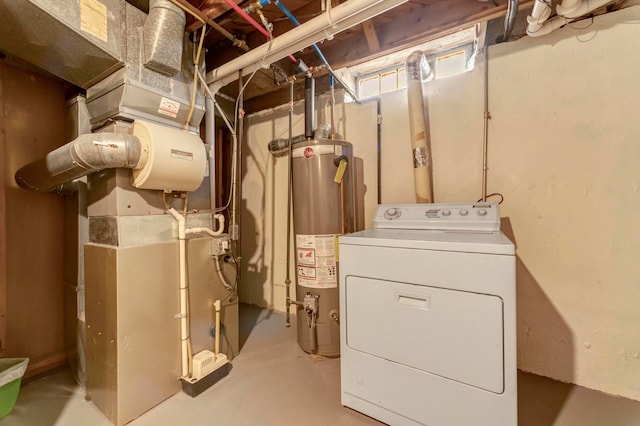 unfinished basement with washer / clothes dryer, gas water heater, and heating unit