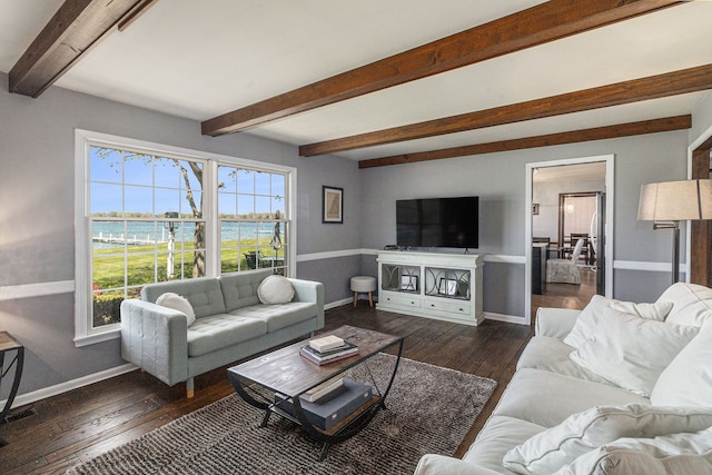 9528 Silverside Dr, South Lyon, MI 48178 - living area featuring healthy amount of natural light, hardwood / wood-style floors, baseboards, and beamed ceiling