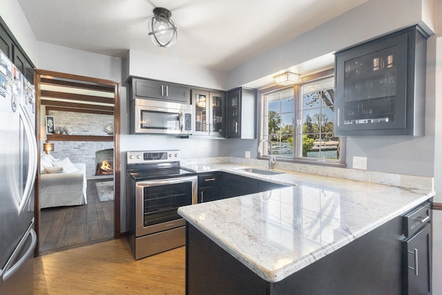 9528 Silverside Dr, South Lyon, MI 48178 - kitchen featuring stainless steel appliances, a sink, glass insert cabinets, light stone countertops, and a peninsula