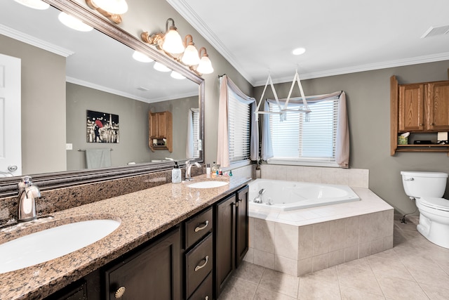full bathroom with toilet, a jetted tub, tile patterned flooring, double vanity, and ornamental molding