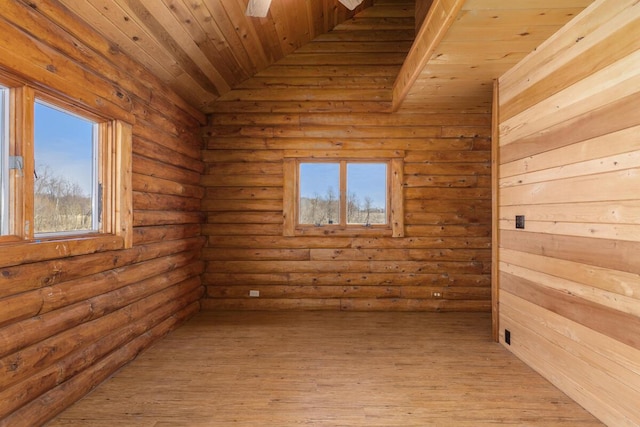 spare room with wooden ceiling, light wood-style flooring, and log walls