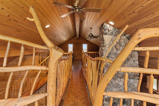 11840 Schreiner Rd, Bellevue, MI 49021 - interior space with lofted ceiling, an upstairs landing, wooden ceiling, and hardwood / wood-style flooring