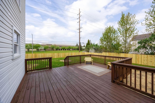 wooden deck with a yard and a fenced backyard