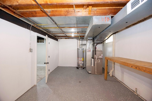 unfinished basement with heating unit and water heater