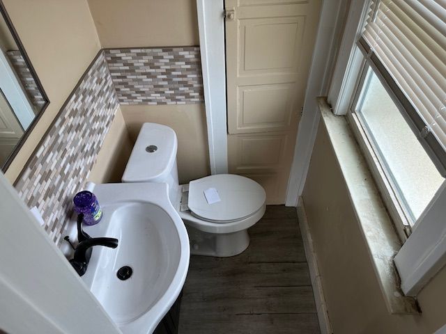 bathroom featuring toilet, a sink, and wood finished floors