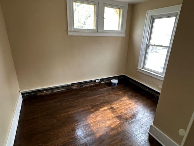 empty room featuring healthy amount of natural light and dark wood-style flooring