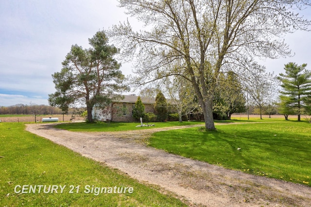 view of front facade featuring curved driveway, a front lawn, and brick siding