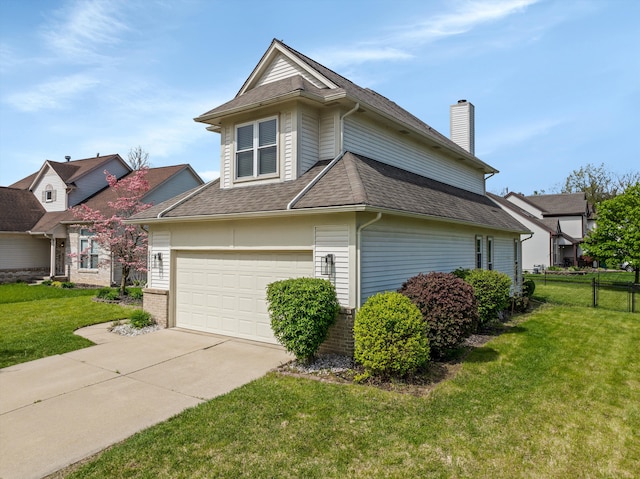 view of home's exterior featuring roof with shingles, driveway, a chimney, and an attached garage