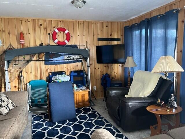 living area with wooden walls