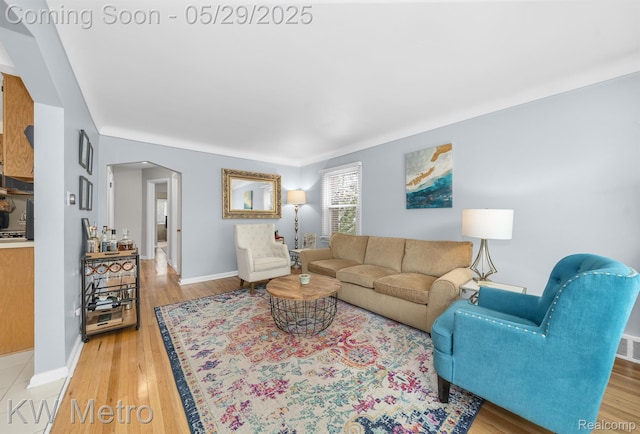 1930 N Wilson Ave, Royal Oak, MI 48073 - living area featuring arched walkways, light wood-style floors, and baseboards