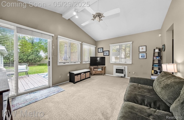 1930 N Wilson Ave, Royal Oak, MI 48073 - living room featuring carpet floors, a ceiling fan, heating unit, and plenty of natural light