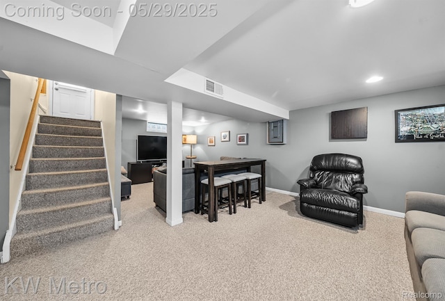 1930 N Wilson Ave, Royal Oak, MI 48073 - living area with light colored carpet, baseboards, stairway, and recessed lighting