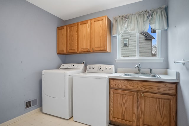 2435 Ivy Hill Dr, Commerce Twp, MI 48382 - clothes washing area with light floors, washer and dryer, visible vents, a sink, and cabinet space