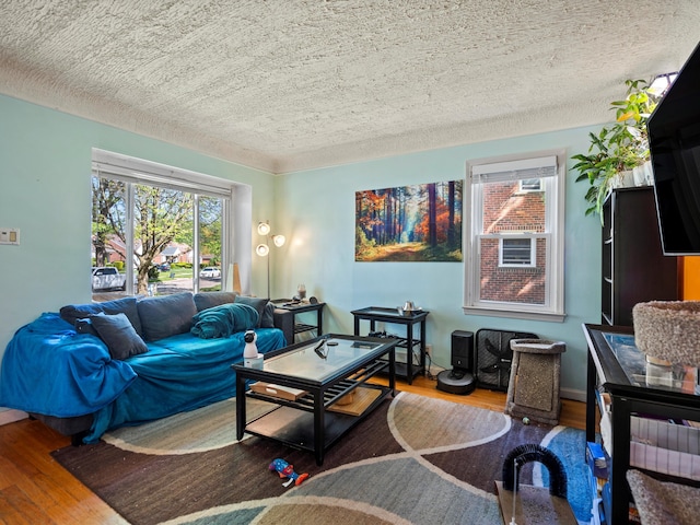 living room featuring wood finished floors, a textured ceiling, and healthy amount of natural light
