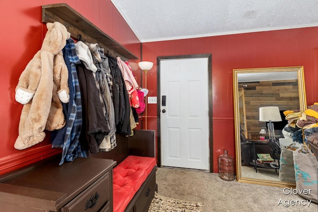 16617 W Stanton Rd, Pierson, MI 49339 - mudroom with carpet, a textured ceiling, and ornamental molding
