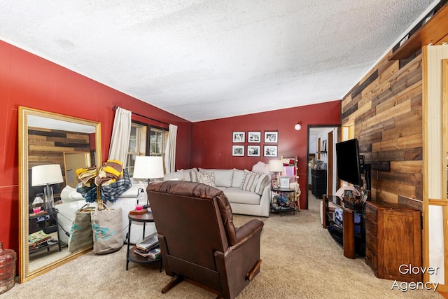 16617 W Stanton Rd, Pierson, MI 49339 - carpeted living area featuring wooden walls and a textured ceiling