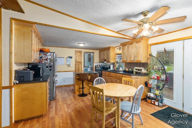 16617 W Stanton Rd, Pierson, MI 49339 - kitchen featuring dark countertops, light wood-style floors, stainless steel appliances, and a textured ceiling