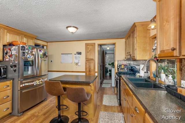 16617 W Stanton Rd, Pierson, MI 49339 - kitchen with a sink, stainless steel appliances, a breakfast bar, light wood finished floors, and dark countertops
