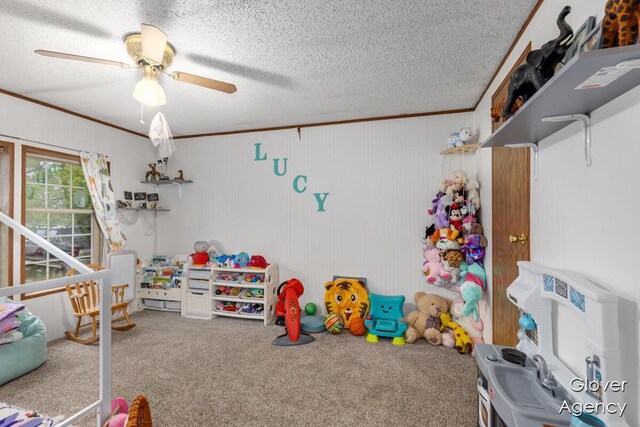 16617 W Stanton Rd, Pierson, MI 49339 - playroom featuring ornamental molding, a textured ceiling, carpet floors, and a ceiling fan