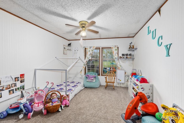 16617 W Stanton Rd, Pierson, MI 49339 - carpeted bedroom featuring a ceiling fan, crown molding, and a textured ceiling