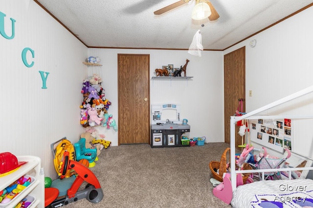 16617 W Stanton Rd, Pierson, MI 49339 - playroom featuring crown molding, a textured ceiling, carpet, and ceiling fan