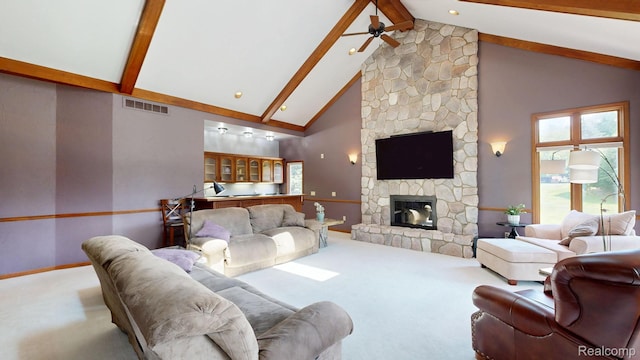 1947 Maplewood Ave, Bloomfield Hills, MI 48302 - living room with carpet, beamed ceiling, high vaulted ceiling, ceiling fan, and a fireplace