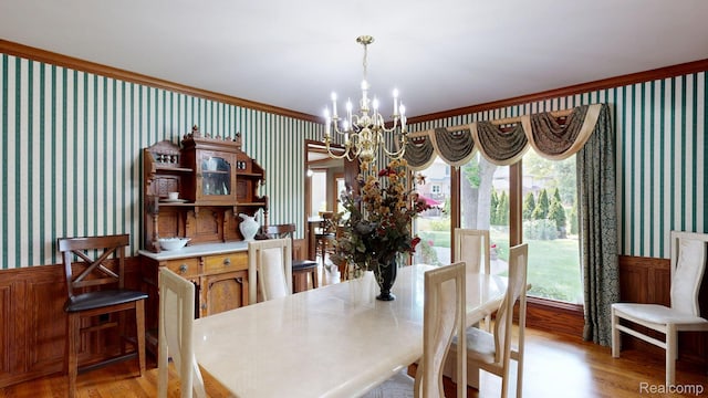 1947 Maplewood Ave, Bloomfield Hills, MI 48302 - dining room with wallpapered walls, a chandelier, a wainscoted wall, light wood-style floors, and plenty of natural light