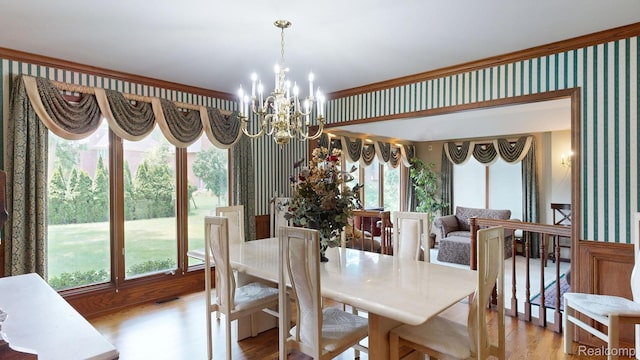 1947 Maplewood Ave, Bloomfield Hills, MI 48302 - dining area featuring wallpapered walls, a chandelier, and wood finished floors