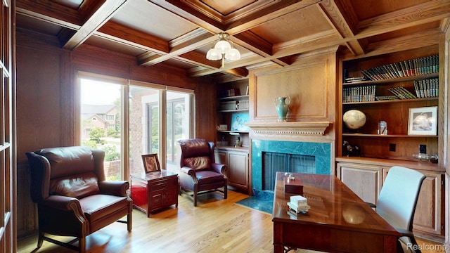 1947 Maplewood Ave, Bloomfield Hills, MI 48302 - office space with light wood-type flooring, a wooden ceiling with exposed beams, a high end fireplace, built in features, and coffered ceiling