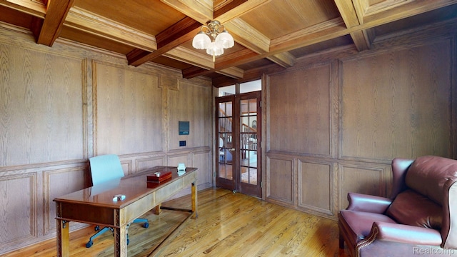 1947 Maplewood Ave, Bloomfield Hills, MI 48302 - office with a wooden ceiling with exposed beams, french doors, light wood-style floors, a chandelier, and coffered ceiling