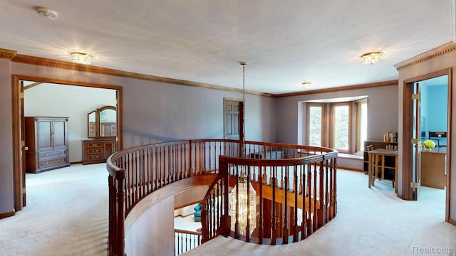 1947 Maplewood Ave, Bloomfield Hills, MI 48302 - hall with an upstairs landing, light colored carpet, and ornamental molding