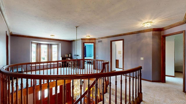 1947 Maplewood Ave, Bloomfield Hills, MI 48302 - hall with an upstairs landing, light colored carpet, and ornamental molding