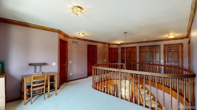 1947 Maplewood Ave, Bloomfield Hills, MI 48302 - hall with an upstairs landing, crown molding, and light carpet