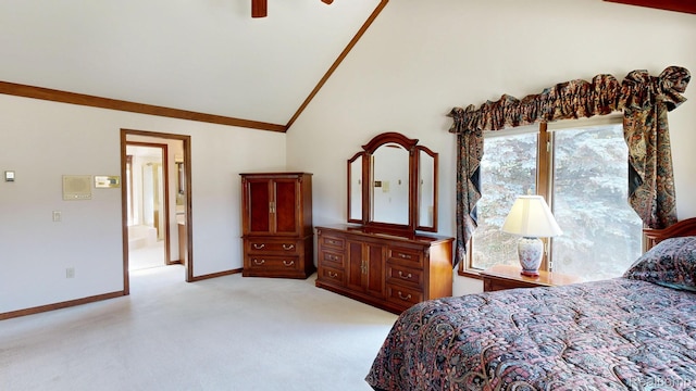 1947 Maplewood Ave, Bloomfield Hills, MI 48302 - bedroom with carpet flooring, ceiling fan, ensuite bath, high vaulted ceiling, and crown molding