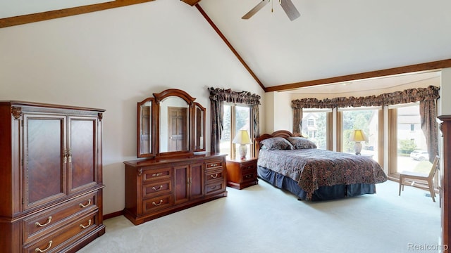 1947 Maplewood Ave, Bloomfield Hills, MI 48302 - bedroom featuring light colored carpet, beamed ceiling, high vaulted ceiling, access to exterior, and a ceiling fan