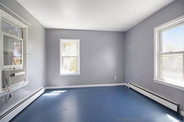 empty room featuring a baseboard heating unit, dark wood-style flooring, baseboards, and cooling unit