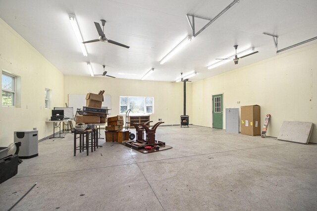 garage featuring a wood stove