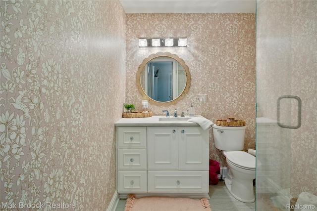 187 Darwin Rd, Pinckney, MI 48169 - bathroom with wallpapered walls, vanity, and a shower with shower door