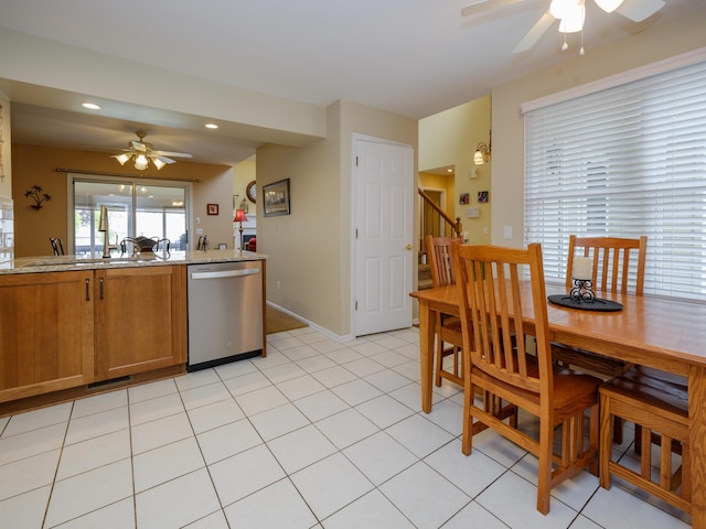 kitchen featuring recessed lighting, dishwasher, ceiling fan, a sink, and brown cabinets
