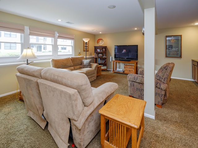 living area with carpet flooring, baseboards, and recessed lighting