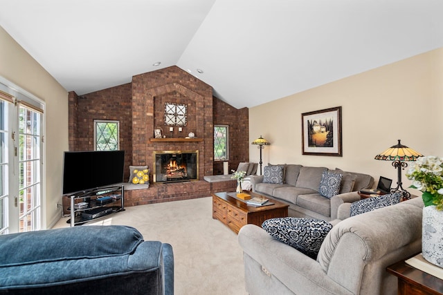 3603 Creekside Dr, Ann Arbor, MI 48105 - carpeted living room with vaulted ceiling and a fireplace