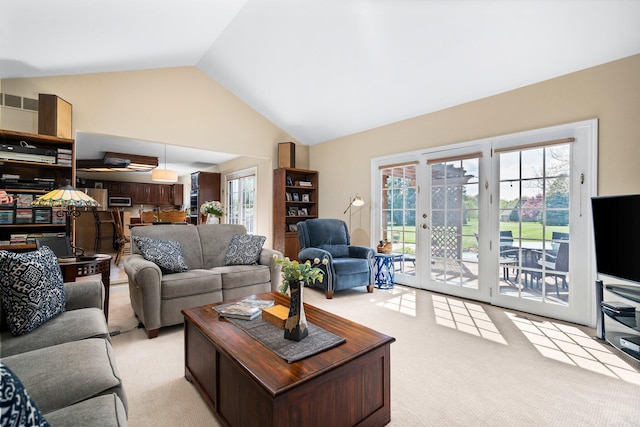 3603 Creekside Dr, Ann Arbor, MI 48105 - living room featuring light colored carpet and high vaulted ceiling