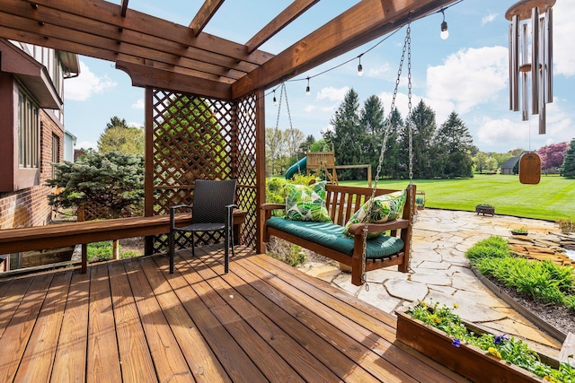 3603 Creekside Dr, Ann Arbor, MI 48105 - deck featuring a pergola, a patio area, a playground, and a lawn