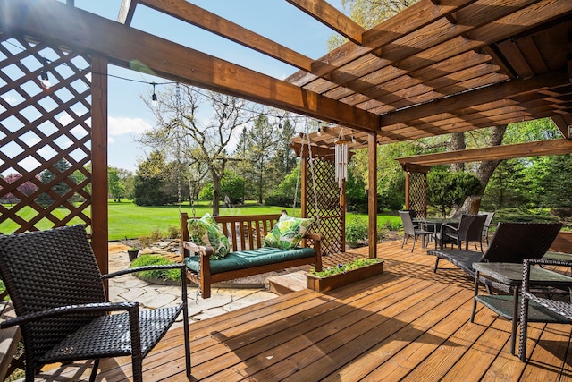 3603 Creekside Dr, Ann Arbor, MI 48105 - wooden terrace with a pergola, a lawn, and outdoor dining space