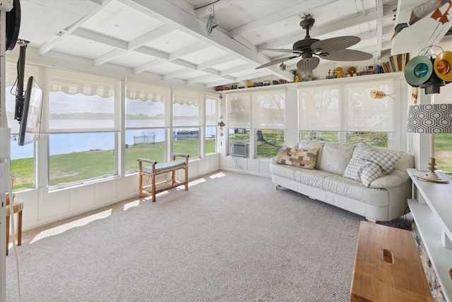 10458 Sleepy Hollow Ln, Mecosta, MI 49332 - sunroom / solarium featuring a ceiling fan, beamed ceiling, carpet floors, cooling unit, and an outdoor hangout area