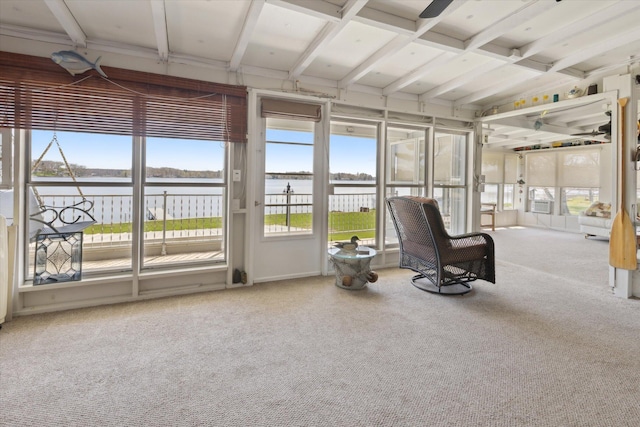 10458 Sleepy Hollow Ln, Mecosta, MI 49332 - sunroom featuring a water view, carpet floors, healthy amount of natural light, and beam ceiling