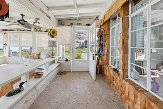 10458 Sleepy Hollow Ln, Mecosta, MI 49332 - sunroom / solarium with ceiling fan, beam ceiling, outdoor lounge area, and cooling unit